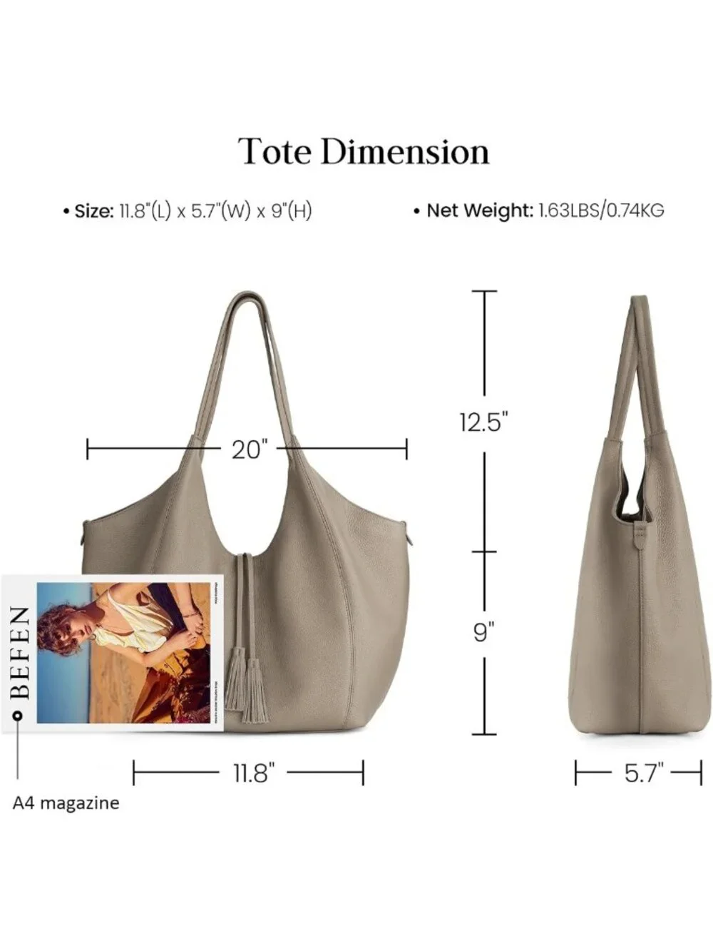 Soft Genuine Leather Slouchy Tote Hobo Shoulder Bag for Women - Travel Essential